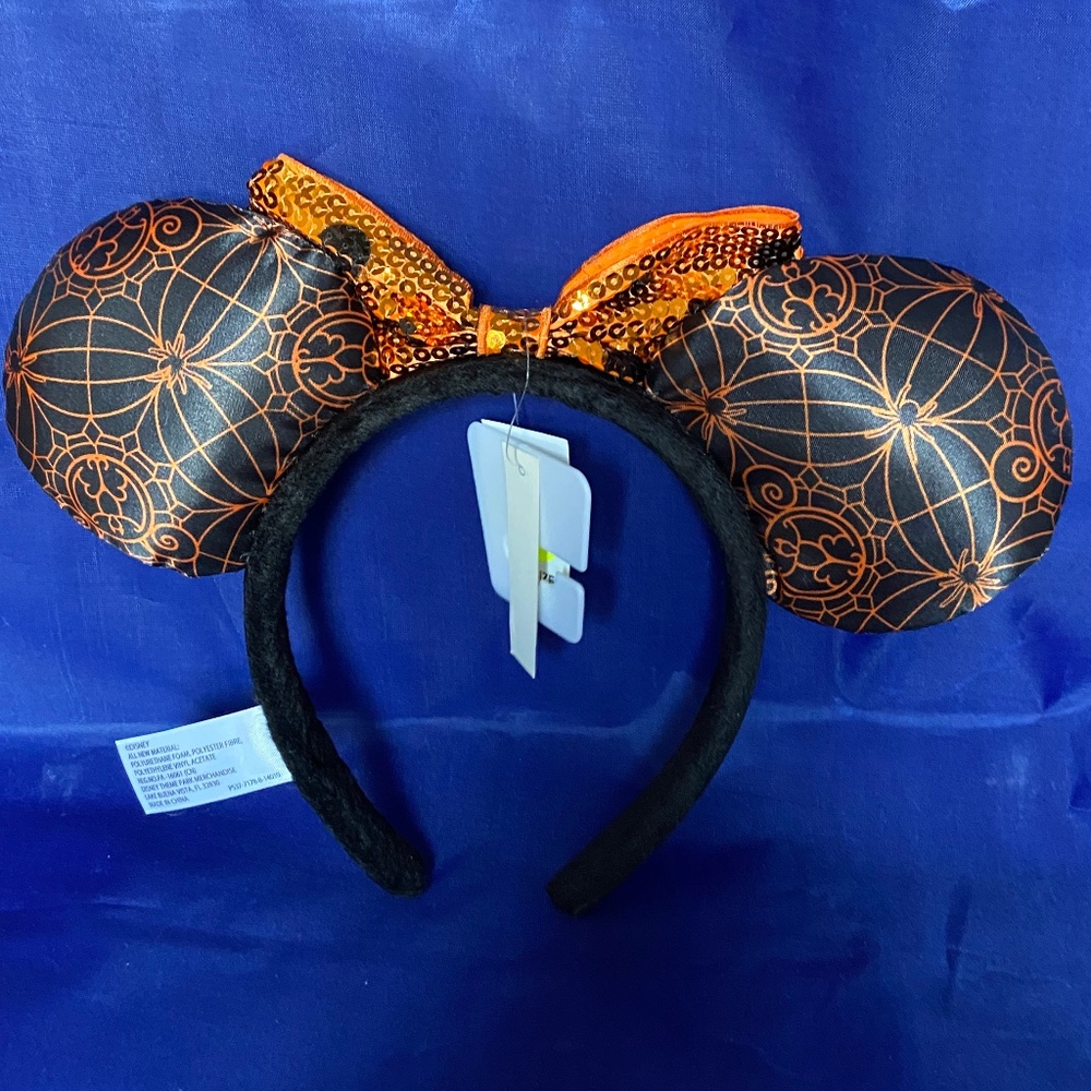 NWT Disney Parks Halloween Minnie Mouse Sequin Black Orange Spider Web Ears - Picture 2 of 2
